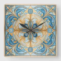 Baroque Floral Tile Pat#19 Aqua Blue Gold ID1078 Square Wall Clock