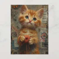 Adorable Ginger Kitten With Yarn collage Postcard