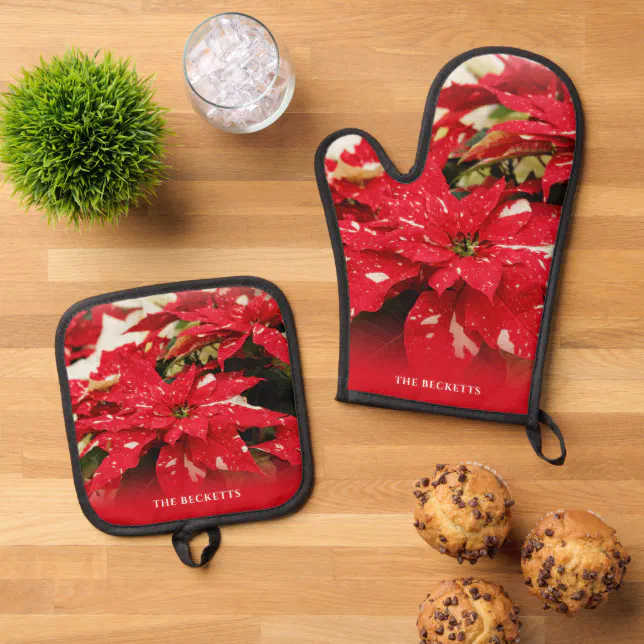 Festive Red White Floral Poinsettias Christmas Oven Mitt & Pot Holder Set