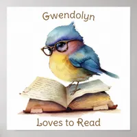 Nursery Art Poster Blue Bird Reading Personlize