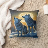 Wolves Howling Under a Full Moon in Winter Throw Pillow