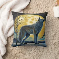 Majestic Wolf Howls Under Full Moon at Night Throw Pillow