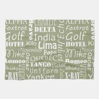 Phonetic Alphabet Pattern White on Sage Green Kitchen Towel