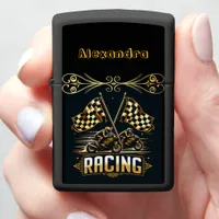 Thrilling motorcycle racing and flags! zippo lighter