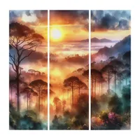 Sunrise in a Colorful Misty Foggy Forest Nature | Triptych