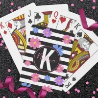 Trendy Floral Black & White Stripes Personalized Poker Cards