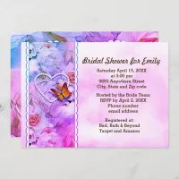 Butterfly Heart Pearls Pink Floral Bridal Shower Invitation