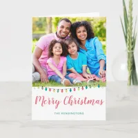 Cute Teal Pink Christmas Lights Holiday Photo Card