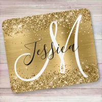 Glittery Gold Foil Black and White Monogram Mouse Pad