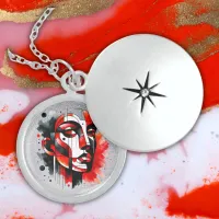 Red, black and white Abstract Face on silver | Locket Necklace