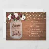 Rustic Mason Jar String Lights Floral Burgundy Save The Date