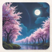 Moonlit Cherry Blossom Anime Landscape Square Paper Coaster