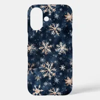 Simple Dark Blue with Snowflakes iPhone 16 Case