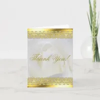 Gold Lace on White Rose Wedding Thank You Card