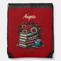 Personalized Vintage Books, Coffee and Flowers Drawstring Bag