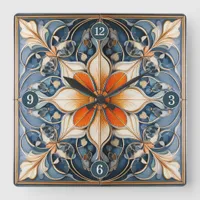 Colorful Floral Tile Pattern#9 Blue Ivory ID1078 Square Wall Clock