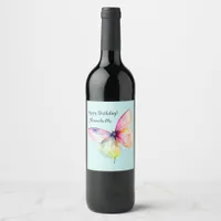 Delicate Pink Butterfly in Pastel Rainbow Colors Wine Label