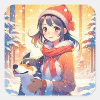 Beautiful Anime Girl with Husky Dog Christmas Square Sticker