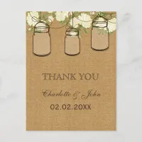 rustic burlap ivory roses mason jars Thank You Postcard