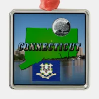 Connecticut' Map, Text, Faux Quarter, Flag Scenery Metal Ornament