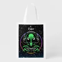 Alien Playing Video Games | Stellar Game Smasher Grocery Bag