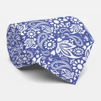 Classic Blue White Boho Chic Paisley Pattern Neck Tie