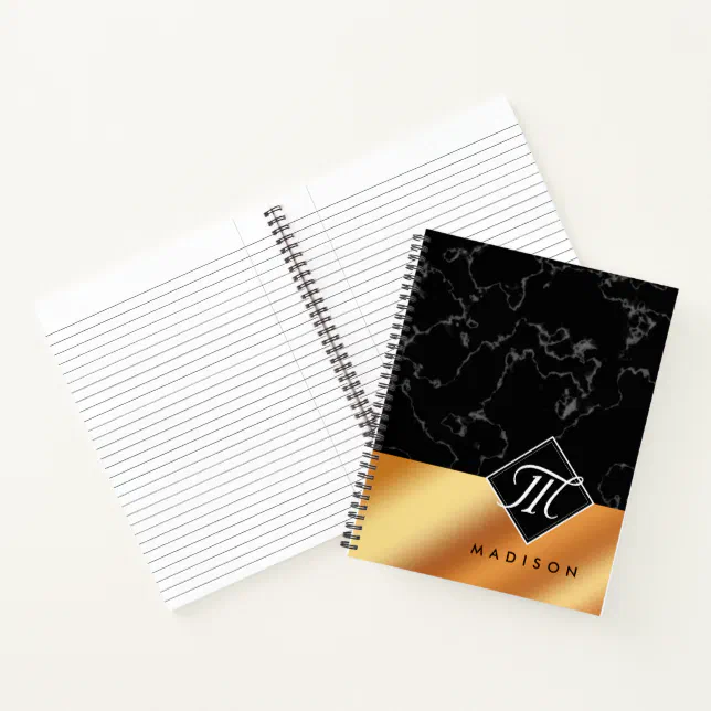 Elegant Black Marble & Copper Foil Script Monogram Notebook