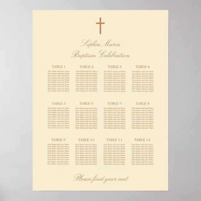 Cream Beige 12 Table Baptism Seating Chart Poster