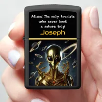 Golden Alien Figure Among Cosmic Rings at Area 51 Zippo Lighter