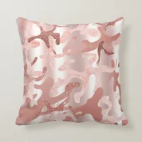 Metallic Rose Gold Glitter Pink Marble Camo Print Throw Pillow