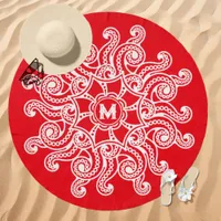 Octopus Mandala Monogram Red Beach Towel