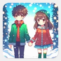 Cute Anime Couple Holding Hands Christmas Square Sticker