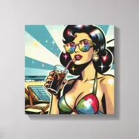 Beautiful Pinup Woman with a Cola on the Beach Canvas Print