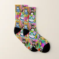 Whimsical Folk Art Colorful Cats Socks