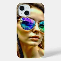 Beautiful Girl with Sunglasses Reflection Flowers iPhone 15 Case