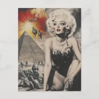 Aliens and a Pinup Lady at the pyramid Postcard