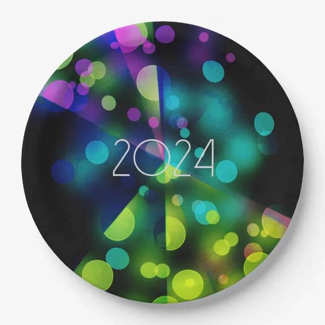 2024 new year with multicolor bubbles paper plates