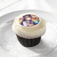 Pretty Anime Girl in Bowling Birthday Party Edible Frosting Rounds