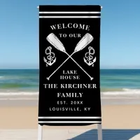 Welcome To Our Lake House Family Monogram Black Beach Towel