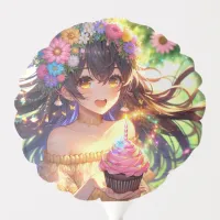 Pretty Anime Girl with Birthday Cupcake Balloon