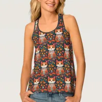 Whimsical Folk Art Cat and Flowers Tank Top