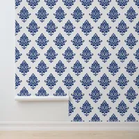 Blue and White Hamptons Style Damask Pattern Wallpaper