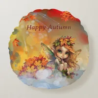 Cute Autumn Fairy with Fallen Leaves Round Pillow