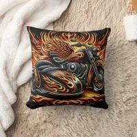 Fiery motorcycle with vibrant flames and sidecar throw pillow