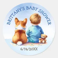 Baby Boy and his Corgi Puppy Baby Shower Classic Round Sticker