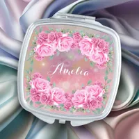 Elegant Floral Rose Frame with Name Compact Mirror