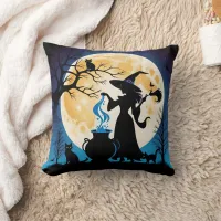 Witch stirring potions on Halloween night Throw Pillow