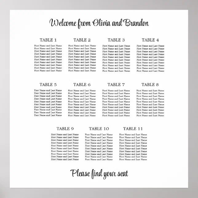 Stylish 11 Table Wedding Seating Chart Poster