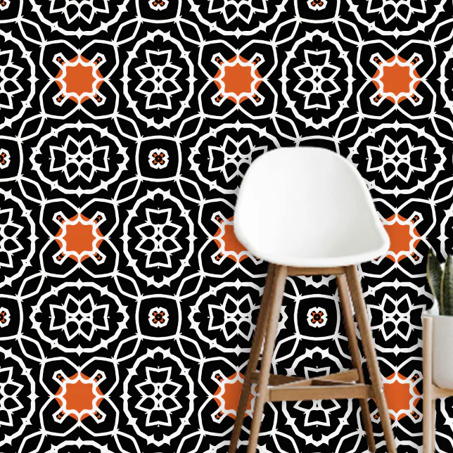 Boho Moroccan Black White Orange Dynamic Geometric Wallpaper