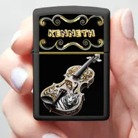 White Gold Violin with Tiger Design Zippo Lighter